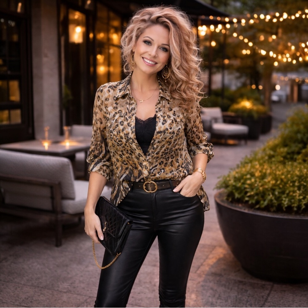 Y2K TanJay Sheer Animal Print Blouse Leopard Cheetah Size 10